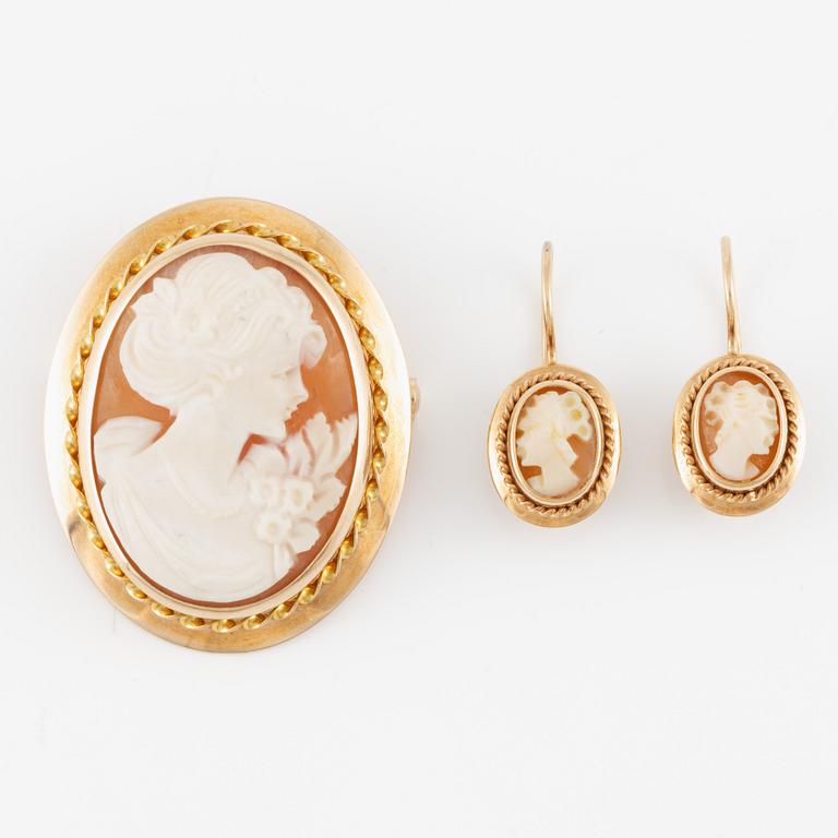Örhängen och brosch/hänge, 14K guld med snäckskalscamé.