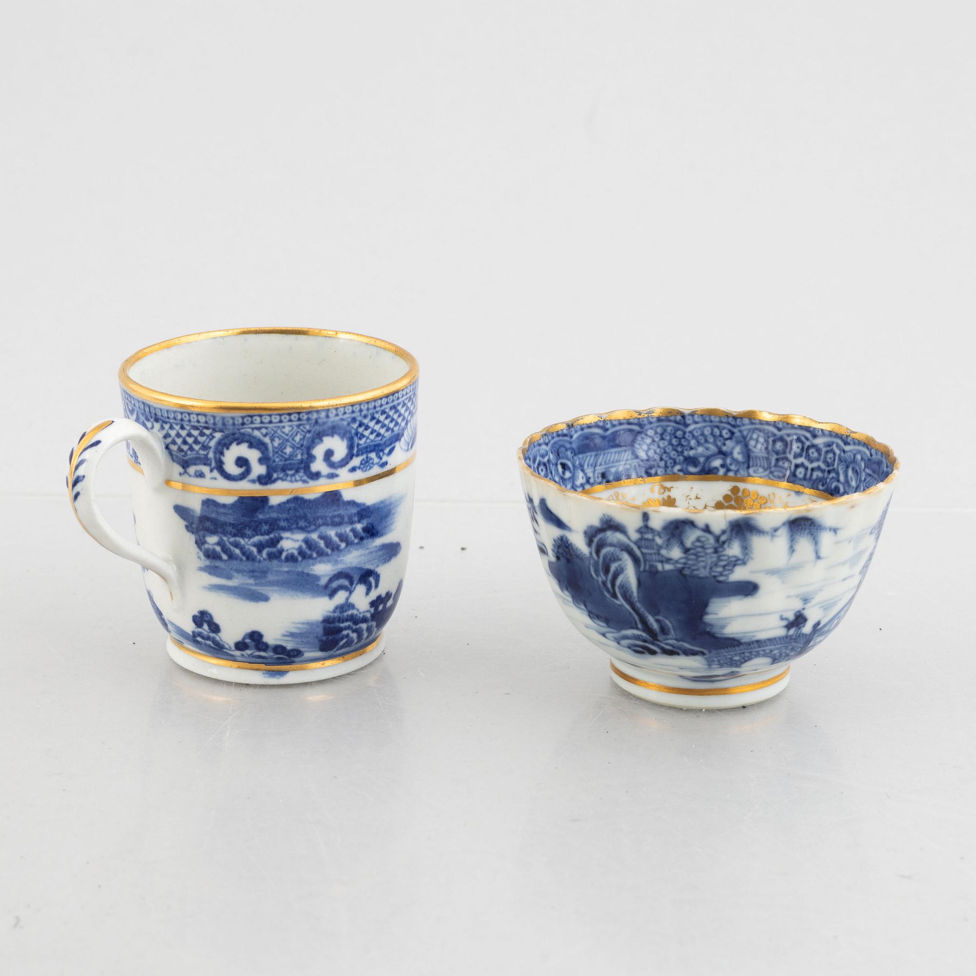 Three small porcelain plates and a cup with saucer, China, 18th century, and an English 19th century cup with saucer.