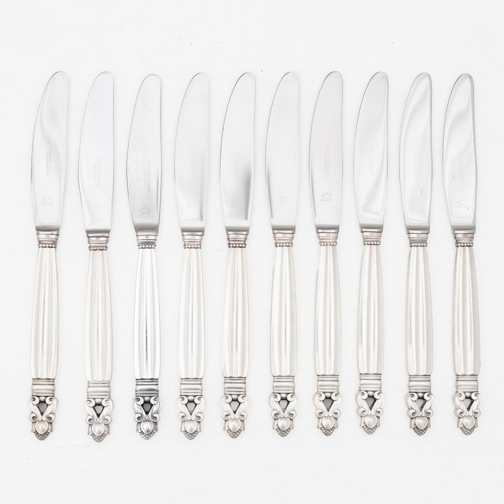 Georg Jensen, Knivar, 10 st, sterling silver, modell "Konge/Acorn", design Johan Rodhe, Danmark efter 1945.