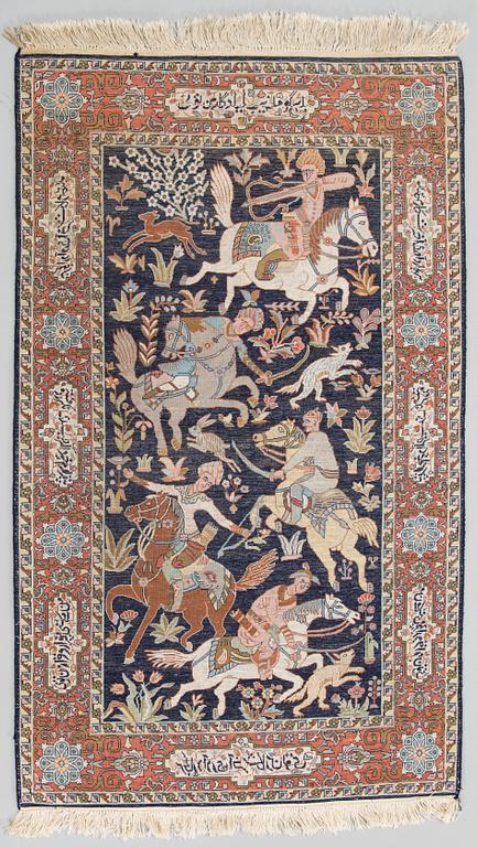 An oriental silk rug around 150 x 91 cm.
