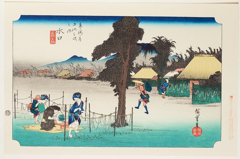 ANDO HIROSHIGE, senare avdrag, mapp, "The fifty-three stations on the tokaido", utgiven av Kata Hanga Kenkyujo.