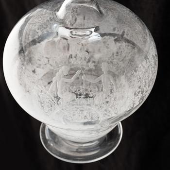 Carl Eldh, original drawings and an engraved glass decanter, Orrefors 1931.