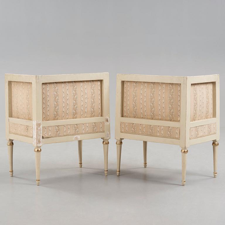 A pair of Royal Gustavian late 18th century corner chairs by Erik Öhrmark, master in Stockholm 1777-1813.