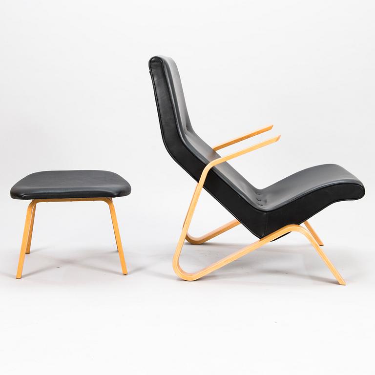 EERO SAARINEN, fåtölj samt fotpall, "Grasshopper", licenstillverkad av Tetrimäki Finland.