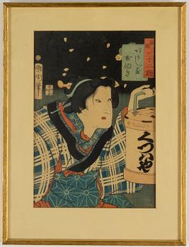 Kunichika and Toyokuni III, three coloured woodblock prints, Japan, 19th century.