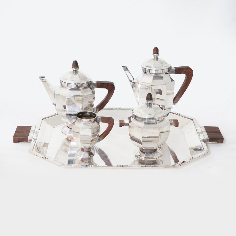 Kaffeservis, 5 delar, nysilver, Christofle Orfèvrerie Gallia, Paris, Frankrike, 1930-tal.