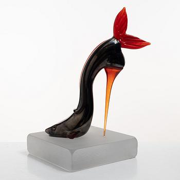 Kjell Engman, unik skulptur, glas, högklackad sko i form av fisk, Kosta Boda.