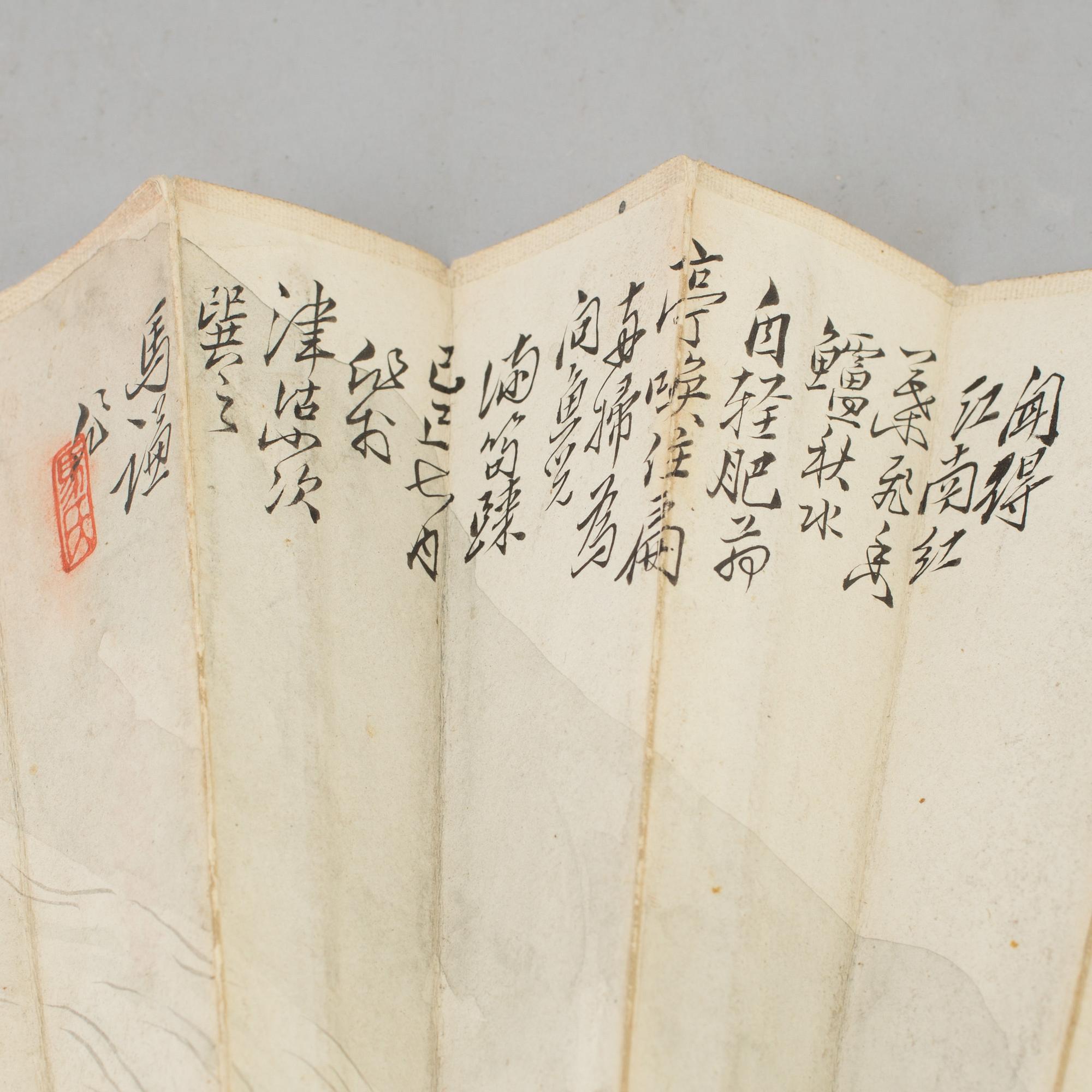 A fan leaf painting by Xue Yuelou, signed and dated 1929.