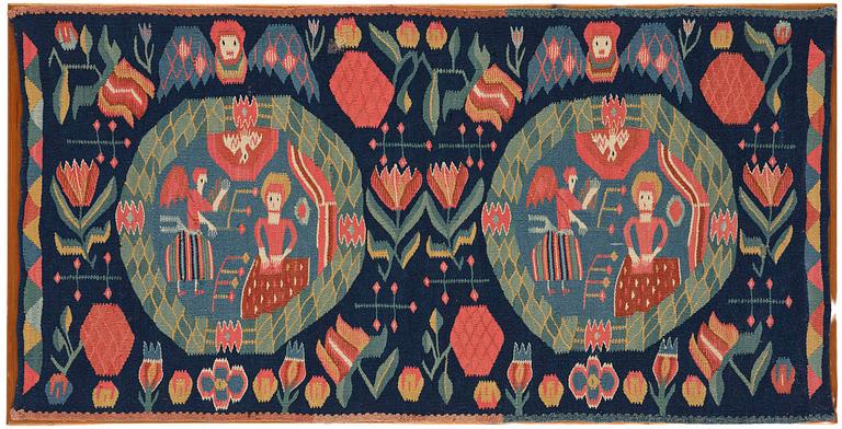 Åkdyna, "Bebådelsen", flamskväv, ca 104 x 52 cm, Skåne, 1800-1825.
