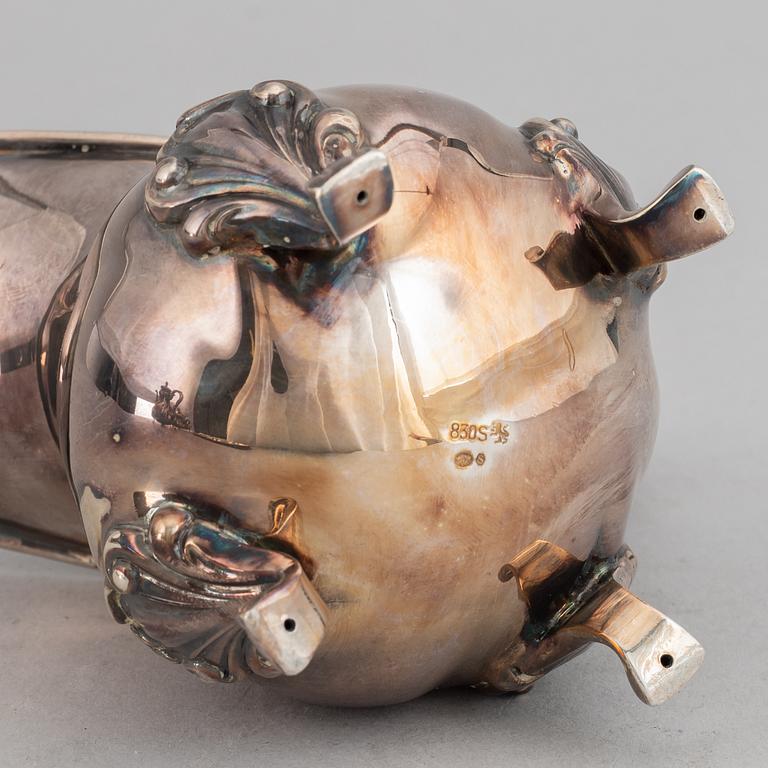 A silver coffee pot, creamer, sugar bowl and tray, swedish import mark.