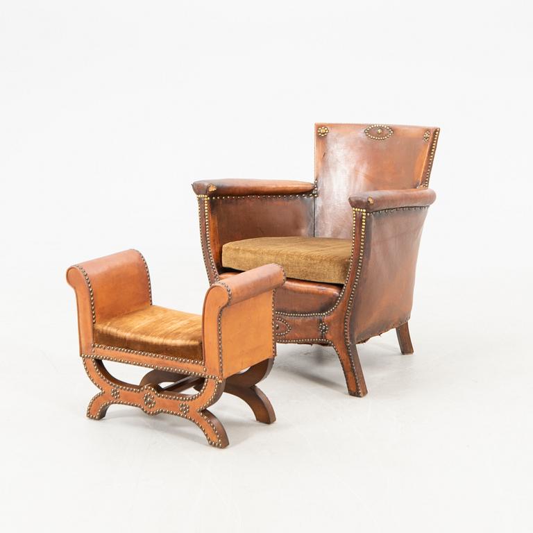 Otto Schulz tillskrivna, fåtölj och fotpall 1930-tal.