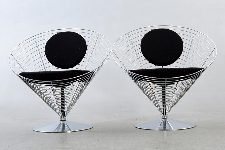 Verner Panton,chairs a pair and table, "Wire Cone", Fritz Hansen, 1988.