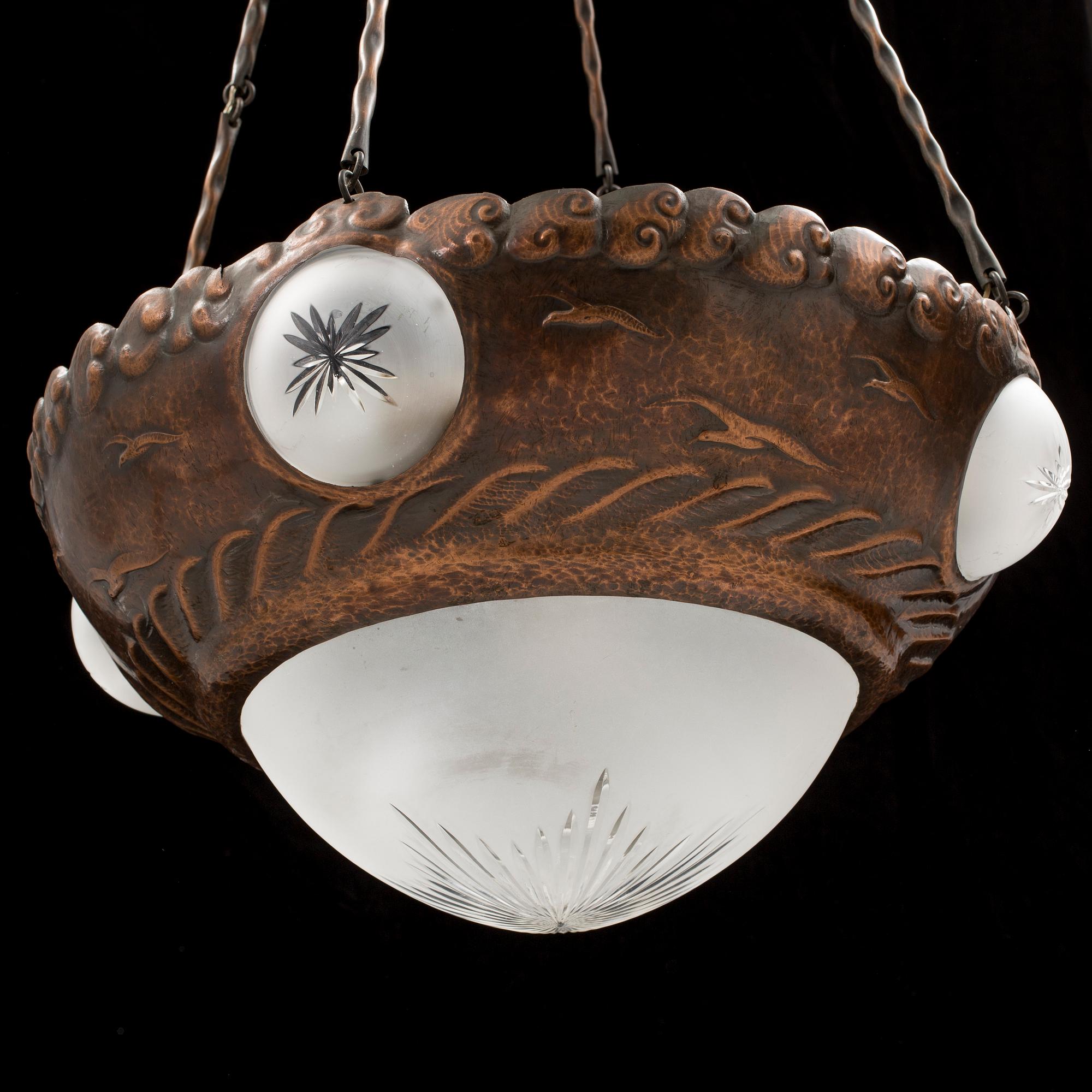 A turn of the century, copper, Jugendstil, ceiling light from ca 1900.