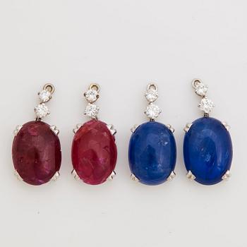 A pair of earrings set with cabochon cut sapphires, rubies, eight and brilliant cut diamonds.