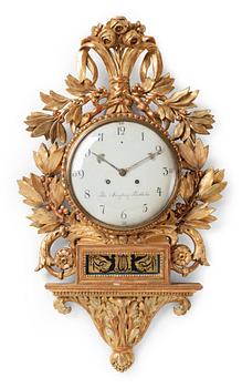 A late Gustavian early 19th century wall clock by Peter Strengberg (clockmaker in Stockholm and Mariefred 1802-1831).