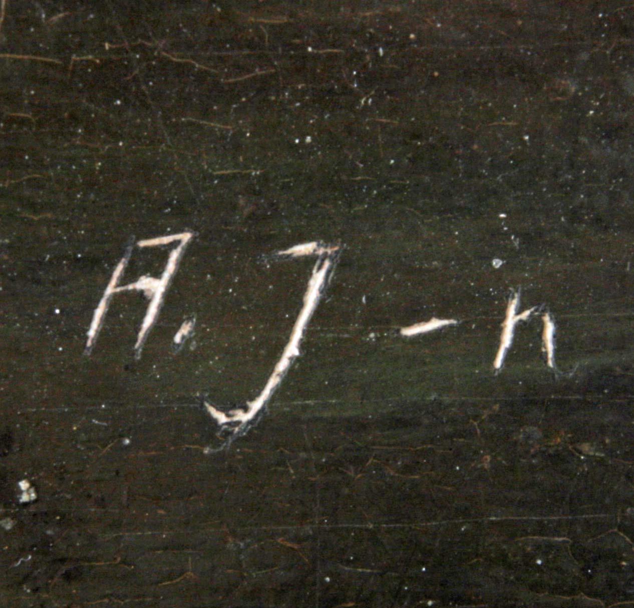 OKÄND KONSTNÄR, olja på pannå. 1800-tal, bär sign A.J-n.