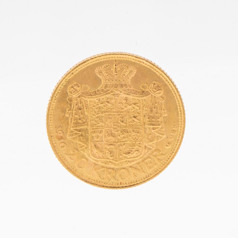 Gold coin 20kr Frederik VIII, Denmark 1910.