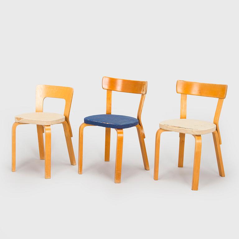 Alvar Aalto, tuoleja 2 kpl,  malli 69 sekä tuoli malli A 65, O.Y. Huonekalu- ja Rakennustyötehdas A.B. 1950-luvun alku.