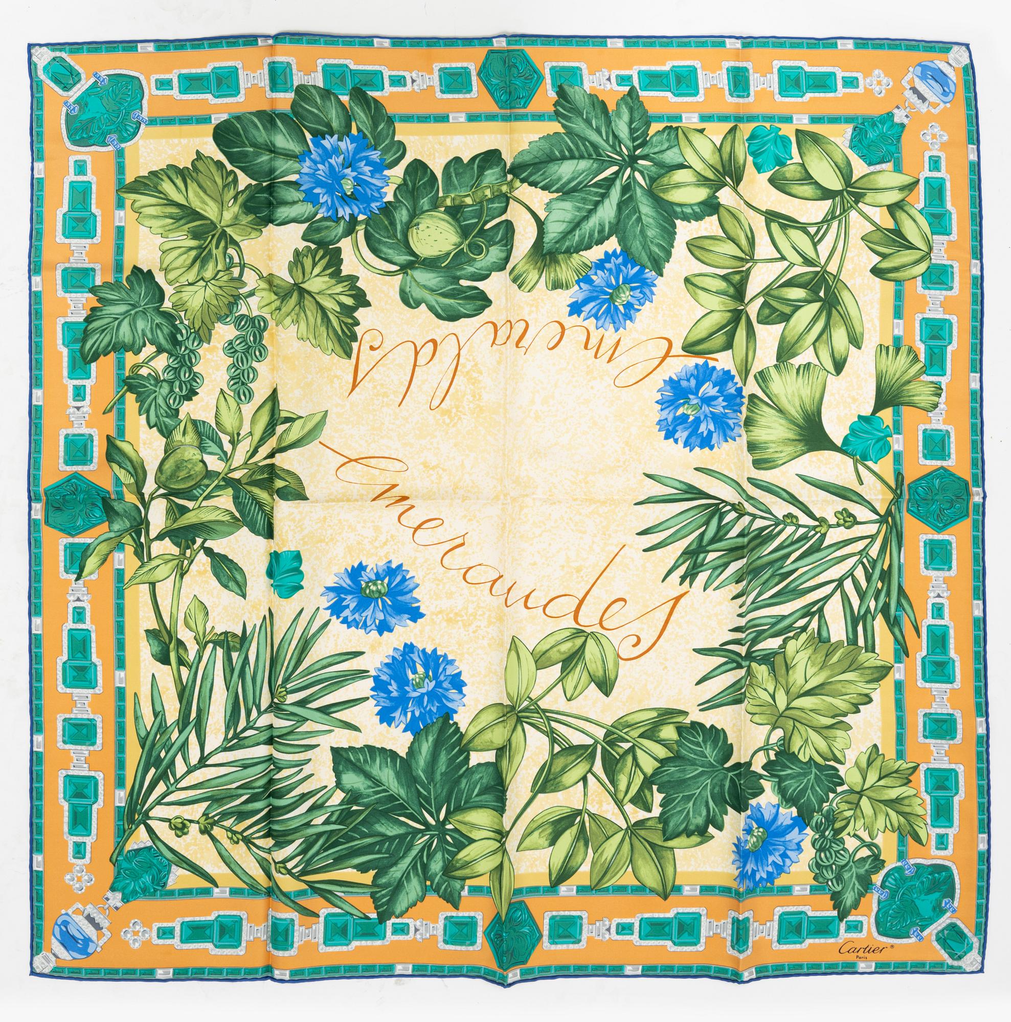 Cartier, an 'Emeralds/Emeraudes' silk scarf.