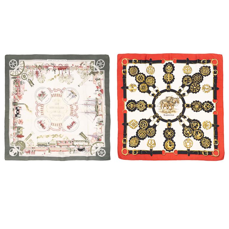 Hermès, two silk scarves,  'Cuivreries' and 'Les Merveilles de la Vapeur'.