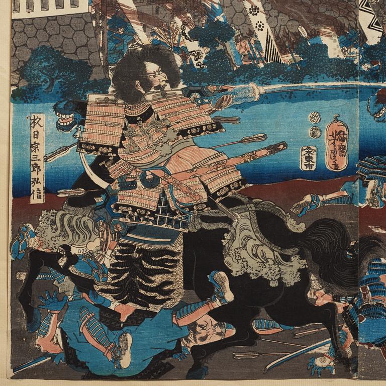 UTAGAWA YOSHITORA, two coloured woodblock prints, triptych, Japan, late 19th century.