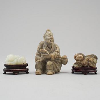 Three chinese 20th century nephrite and stone sculptures.