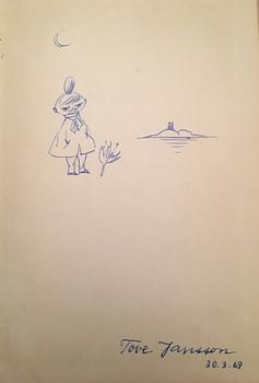 Four books by Tove Jansson and one by L. Carroll illustrated by Tove Jansson. 1945-1966. Signed drawing in one book.