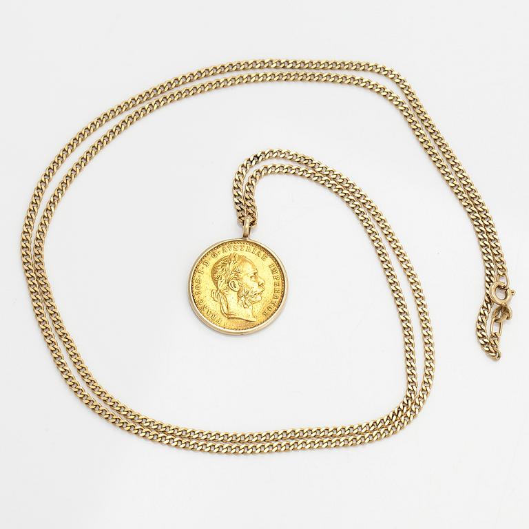 Mynt, hänge, Frans Josef I, Österrike-Ungern, 1915, med kedja i 14K guld.
