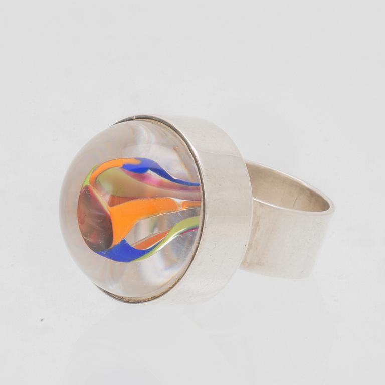 Berit Johansson, silver and glass ring, Orrefors 1975.