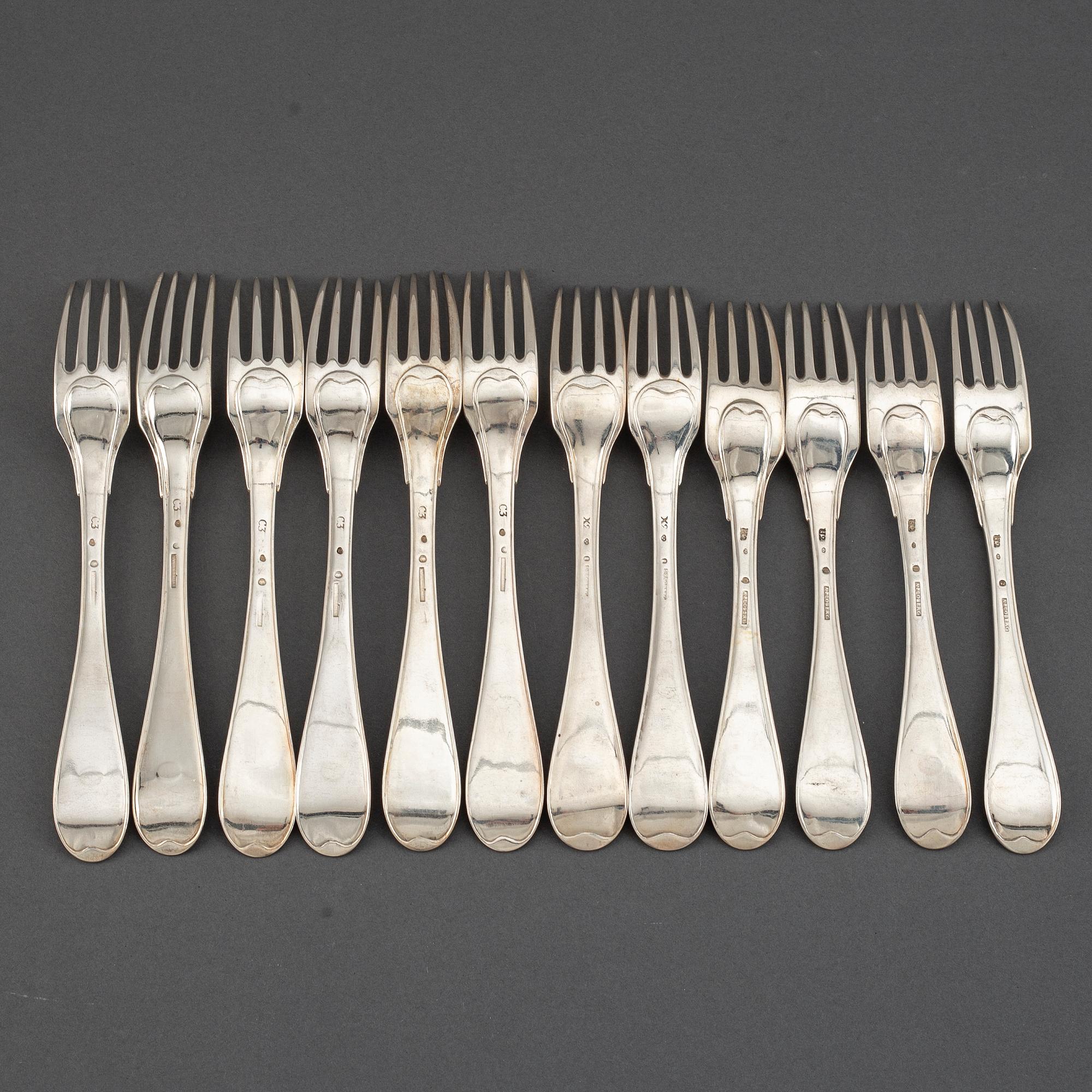 Matgafflar 12 st, silver, av Westerstråhle och Floberg, Stockholm 1802-1809.