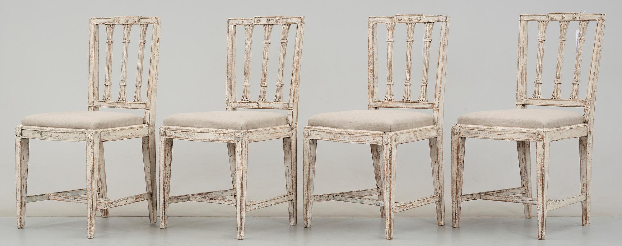 STOLAR, 4 st, sengustavianska, sign. Anders Hellman d.y. i Stockholm, bär Stolmakareämbetets sigill. 1700-talest slut.