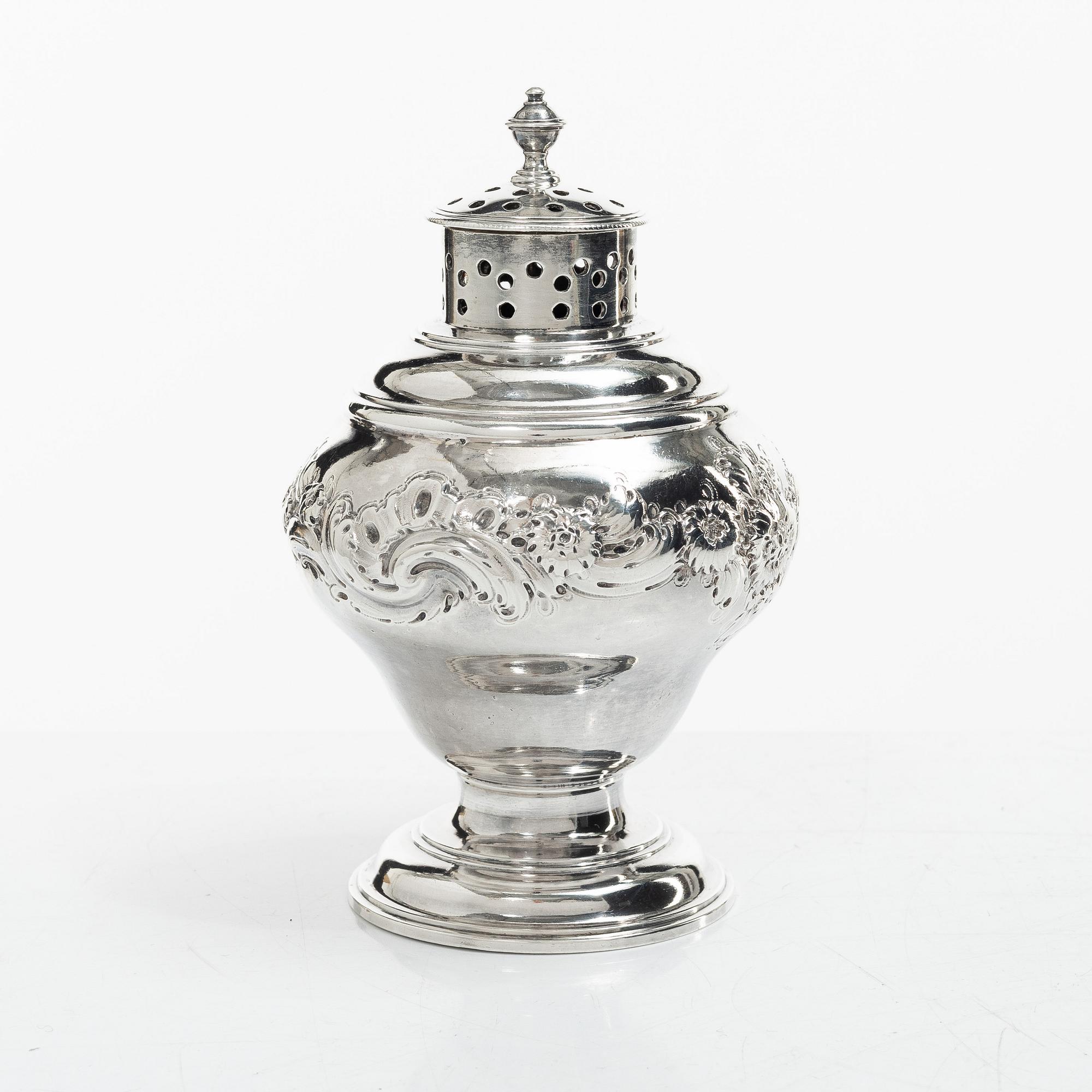 An English silver sugar caster, London 1751, probably Samuel Taylor.