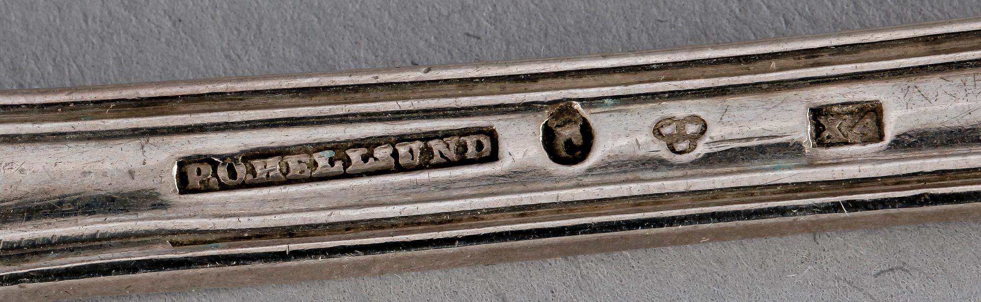 MATSKEDAR 12 st SAMT RAGUSKED, silver, flertal olika mästare, bla Hellsten, Uppsala. 1800-tal. Totalvikt ca 700 gram.