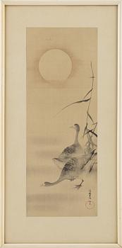 Different artists, two colour woodblock prints, one print on silk, Japan, 20th century.