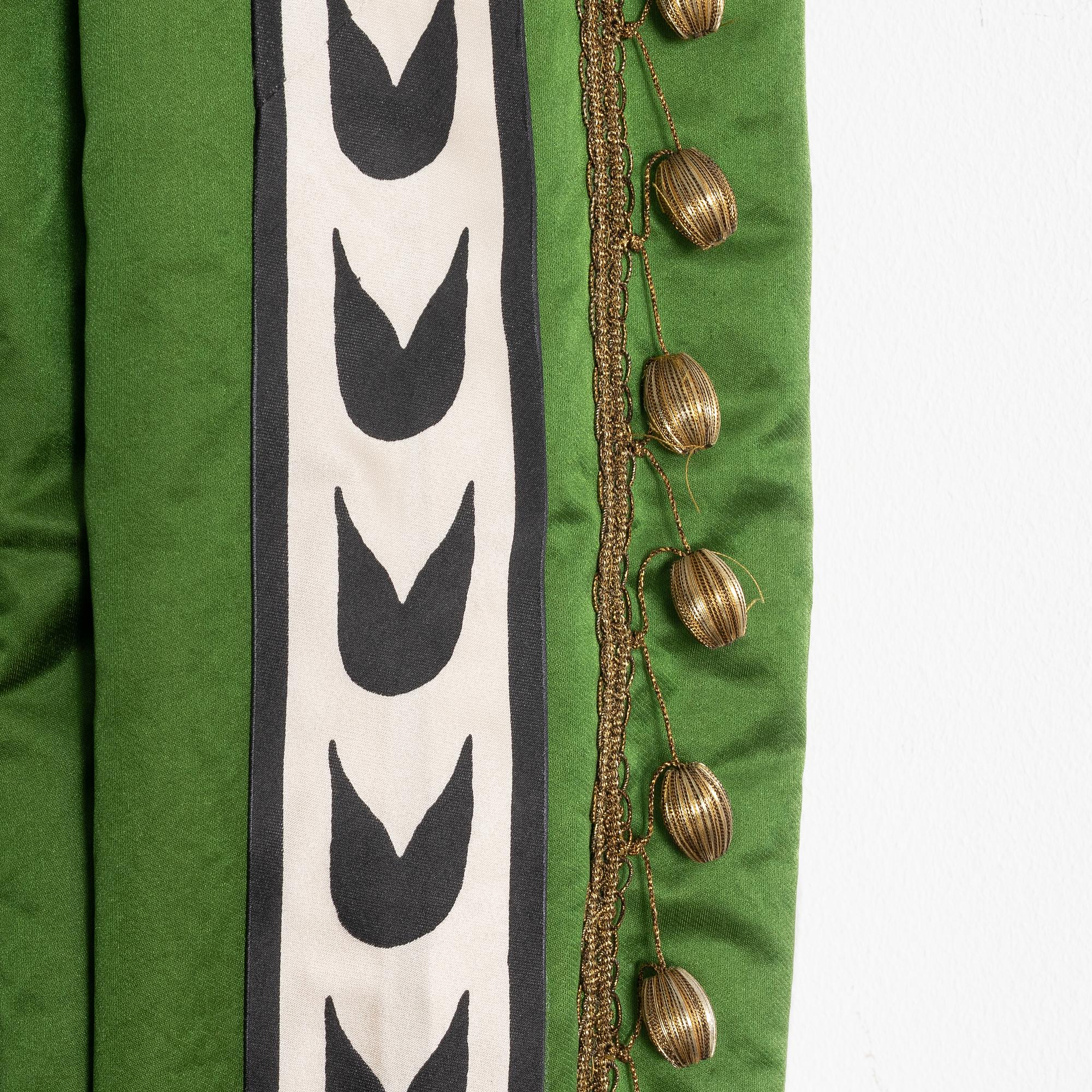 Curtains, a pair, green silk with ribbon embroidery.