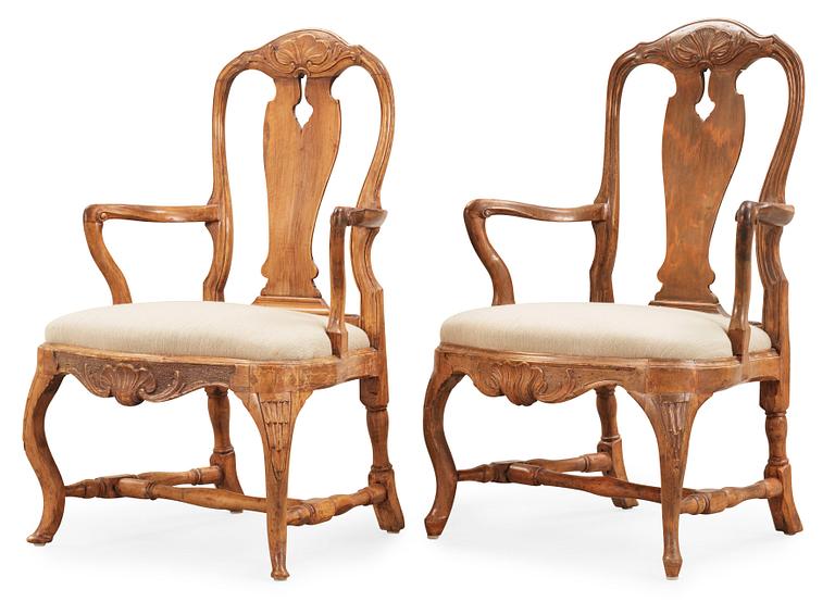 Two matched Swedish Rococo 18th century armchairs.