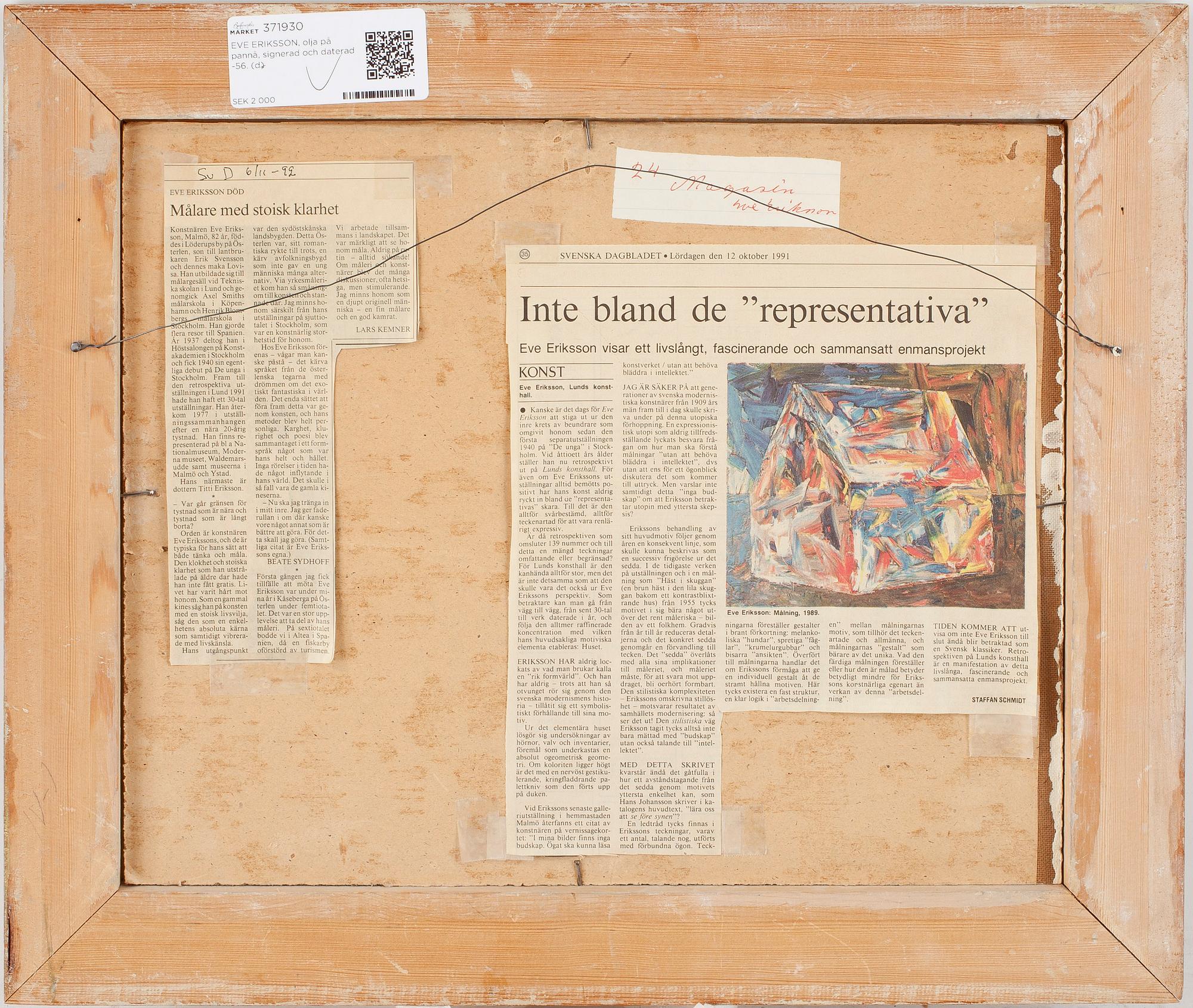 EVE ERIKSSON, olja på pannå, signerad EVE  och daterad -56.