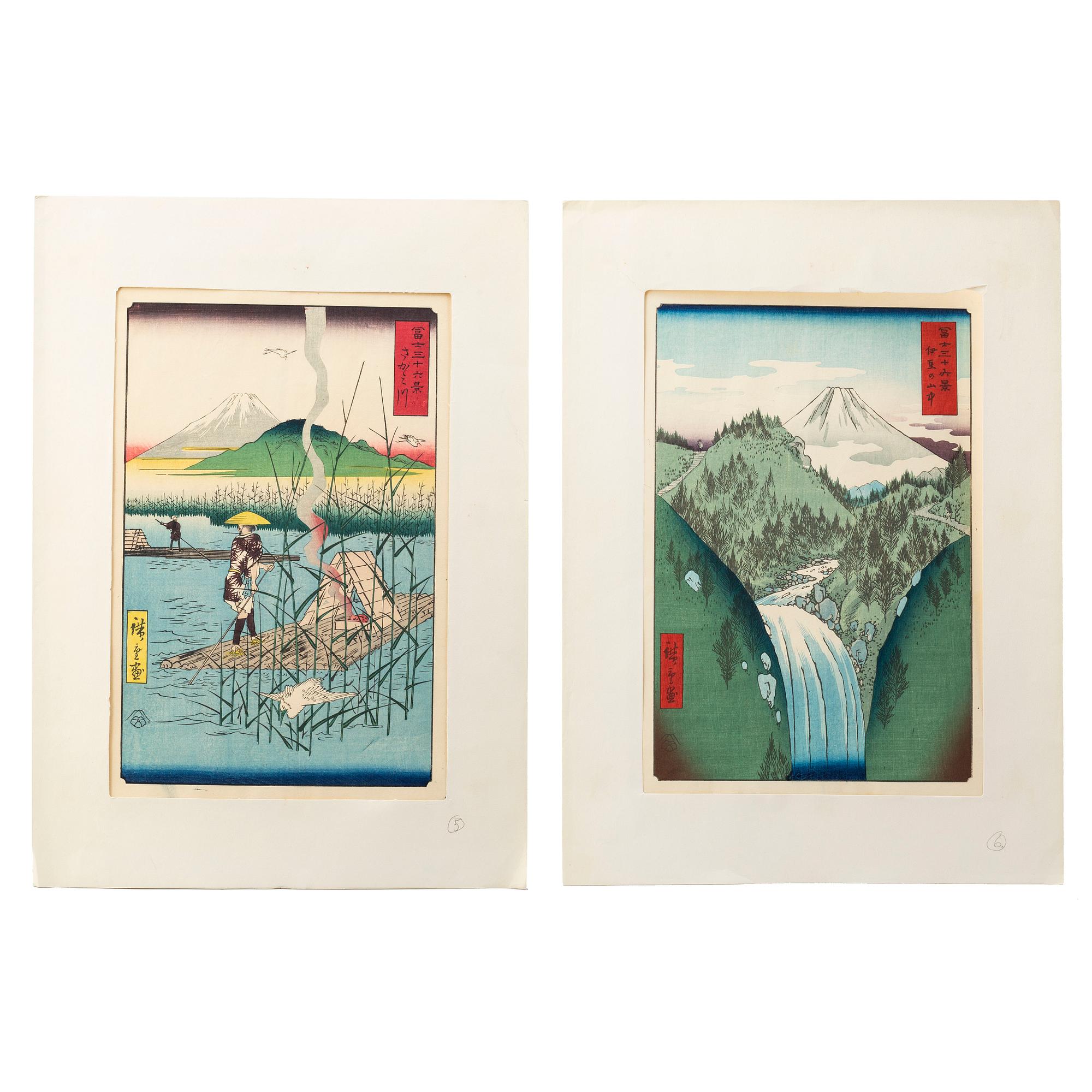 UTAGAWA HIROSHIGE, träsnitt, två st, efter. Japan, tidigt 1900-tal. "In the Mountains of Izu Province (Izu no sanchu)".