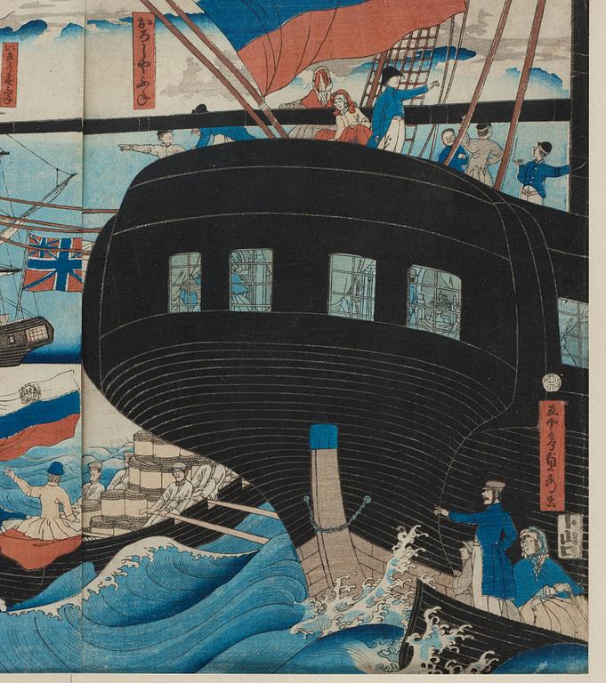 A pentatych by Utagawa Sadahide (1807-1873), woodblock in colours, "Yokohama koeki seiyojin kamotsu unso no zu".