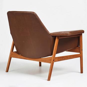 Ib Kofod-Larsen, a teak and brown leather easy chair, Olof Perssons Fåtöljindustri (OPE), Sweden, 1950-60's.