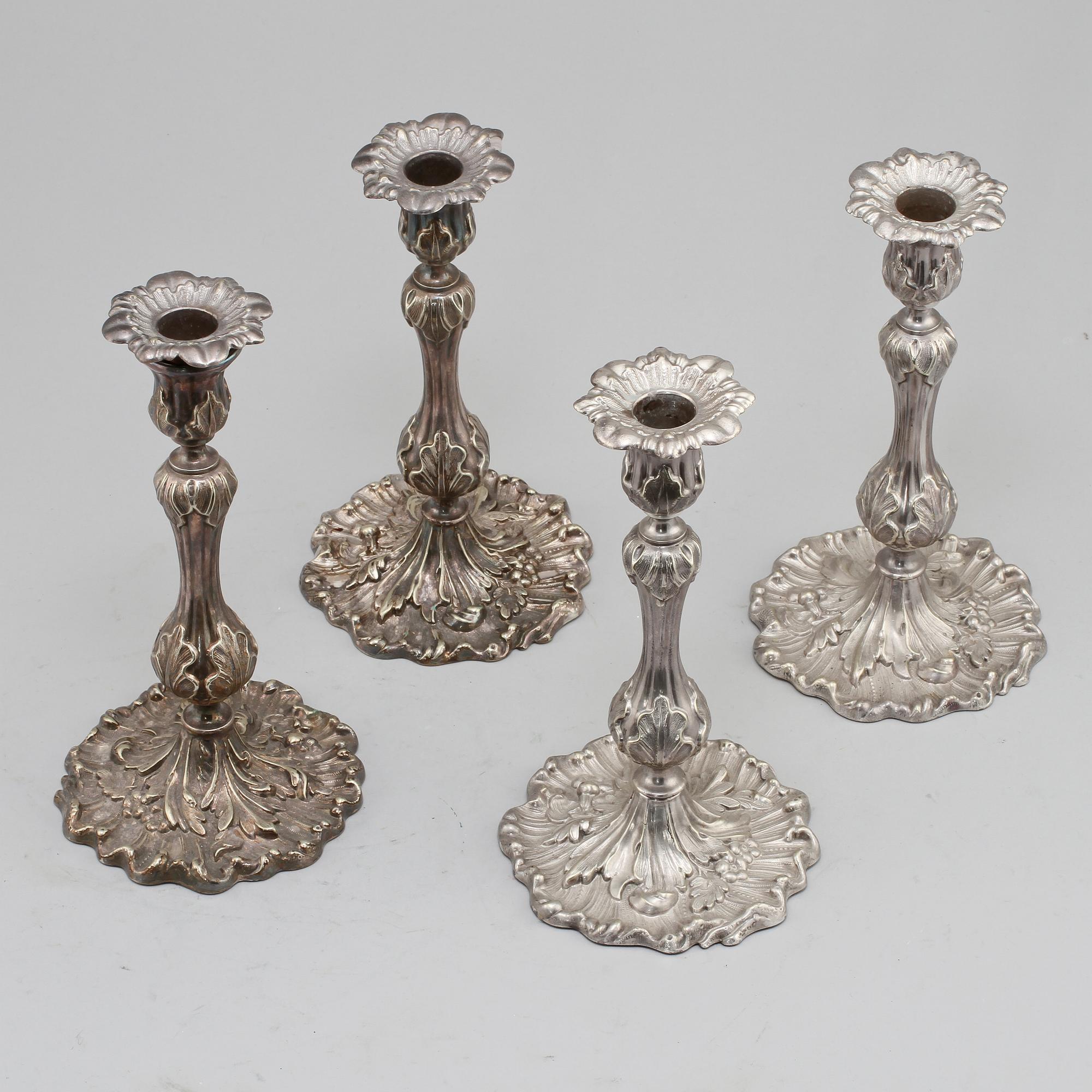 LJUSSTAKAR, 4 st, nysilver, nyrokoko, 1800-talets andra hälft.