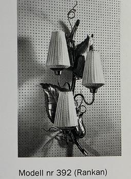 Hans Bergström, a pair of "Rankan" wall lamps model "392", ateljé Lyktan, Åhus, 1930s-40s.