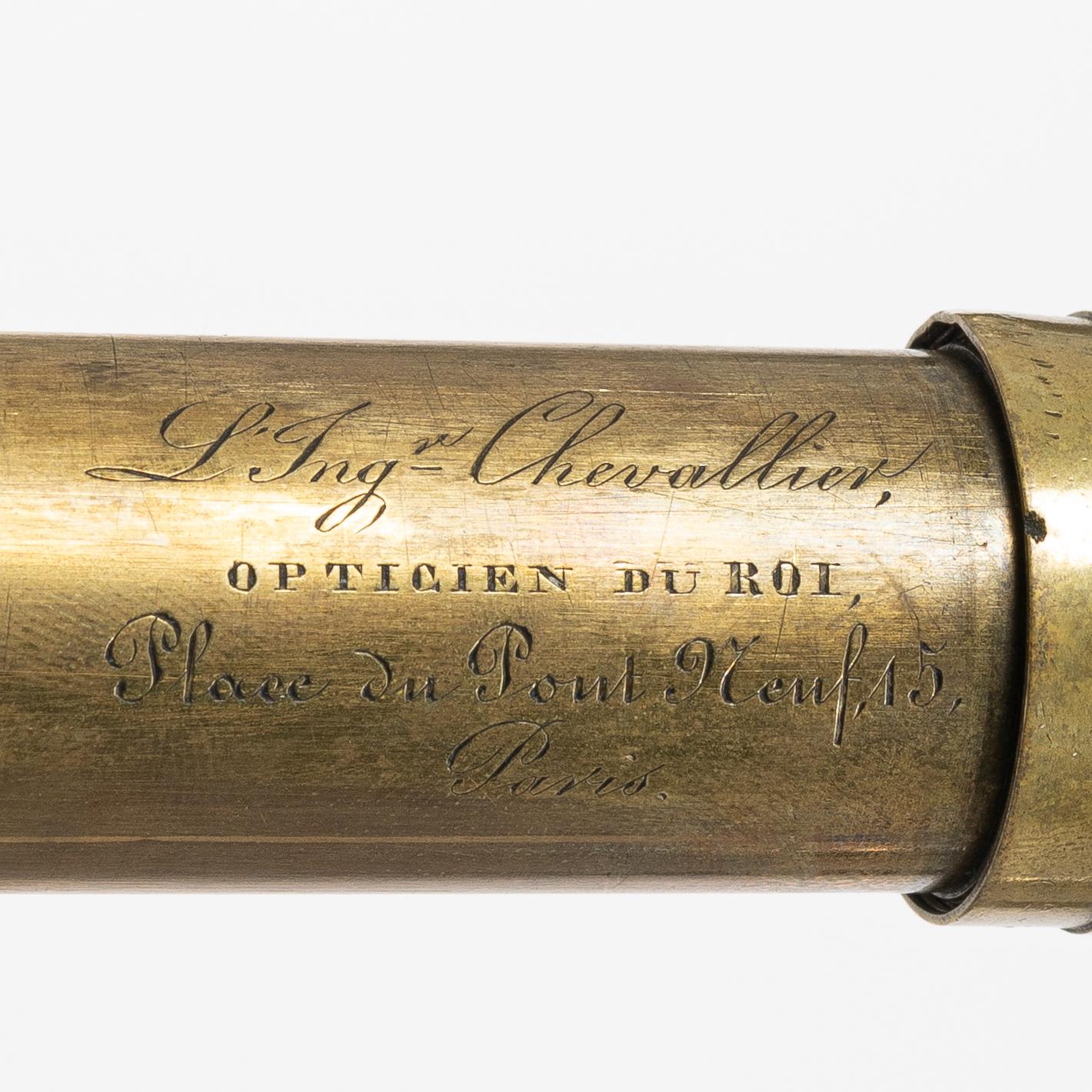 Telescope, 19th century, marked L Ingr Chevalier,  opticien du Roi  , Place du Pont Neuf 15, Paris.