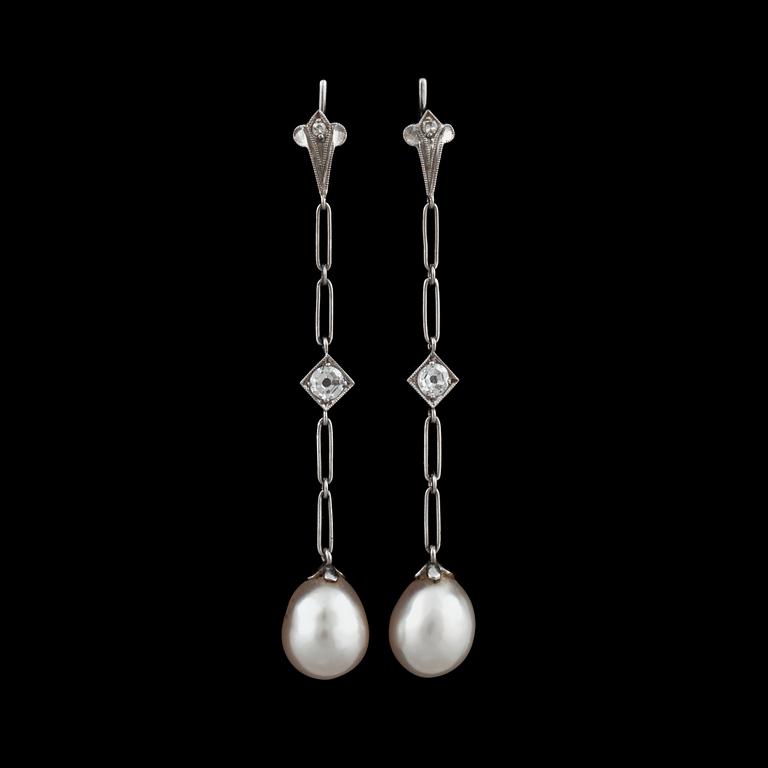 A pair of cultured pearl and old-cut diamond earrings. Total carat weight of diamonds circa 0.20 ct.