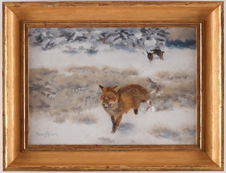 Bruno Liljefors, Winter landscape with fox and hounds.