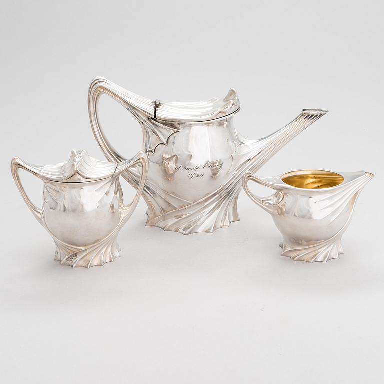 A 3-piece Art Nouveau silver plated tea set, Paul Follot, France early 20th century.