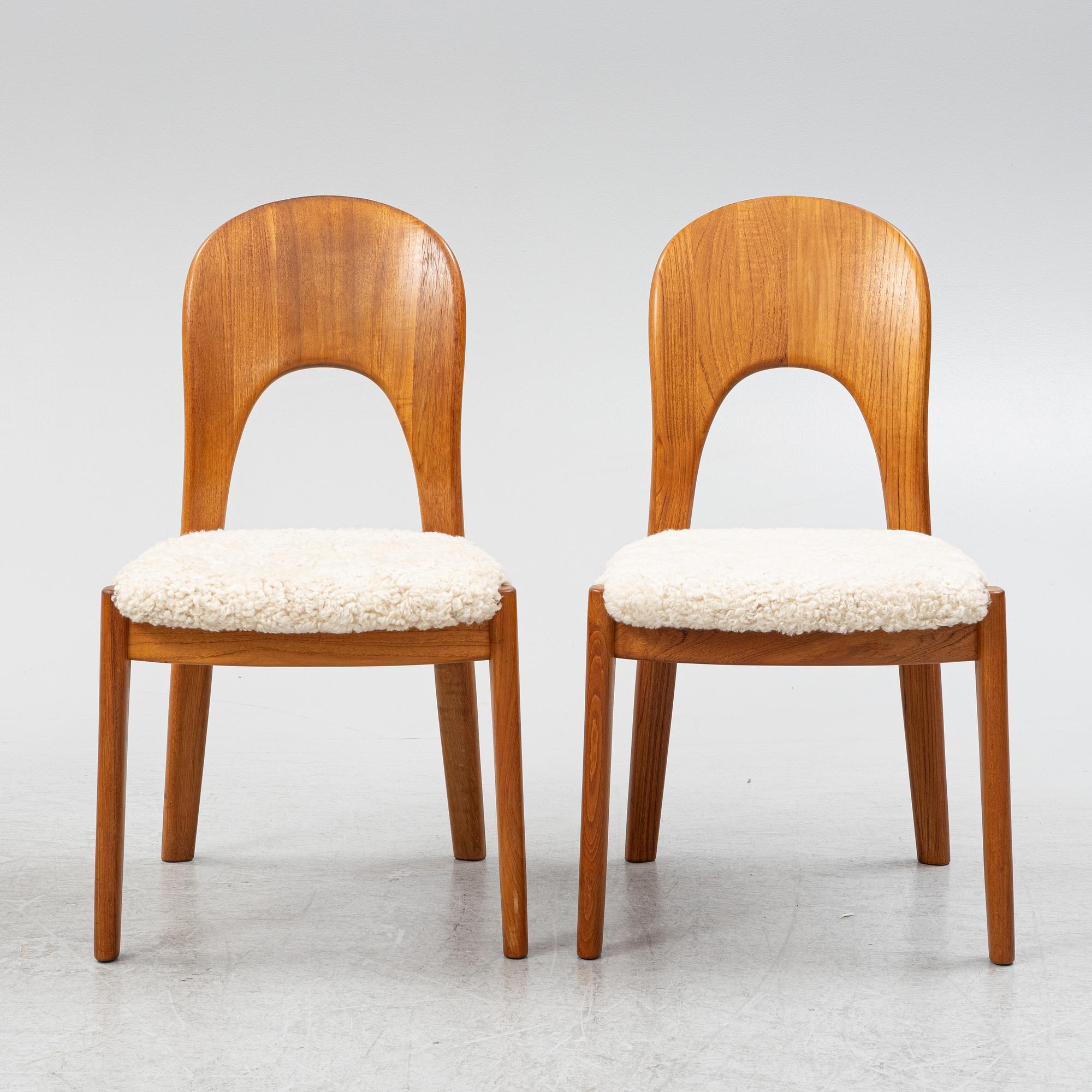 Niels Koefoed, six teak dining chairs upholstered in sheepskin, Denmark, 1960's.