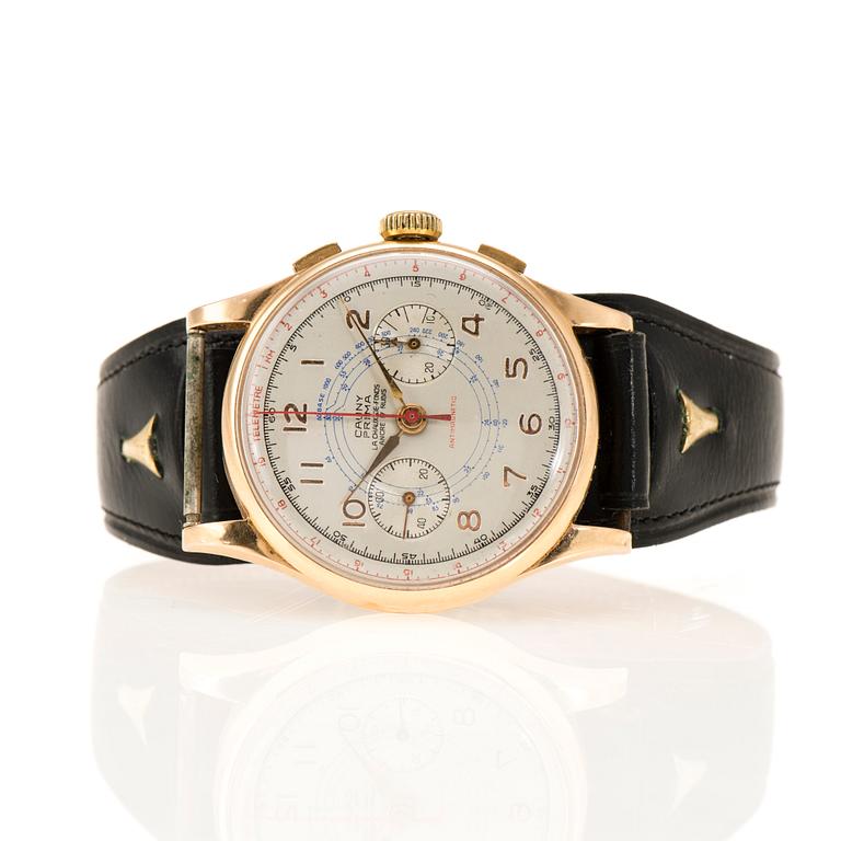 ARMBANDSUR, herr, Cauny Prima, chronograf, 18K guld. Läderarmband. 1960-tal.