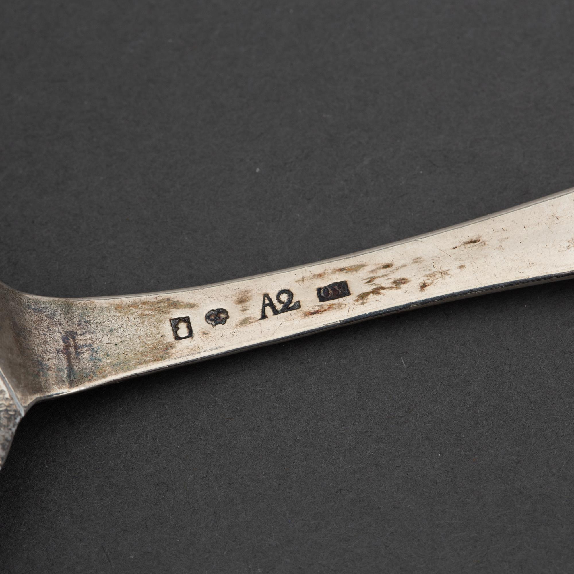 A matched pair of Swedish 18th century silver spoons, marked Uppsala.