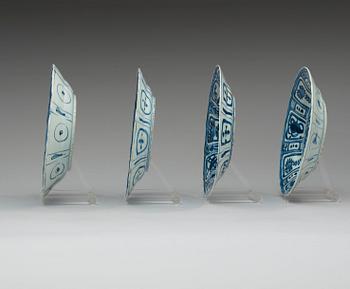 A set of four odd blue and white kraak dishes, Ming dynasty, Wanli (1572-1620).